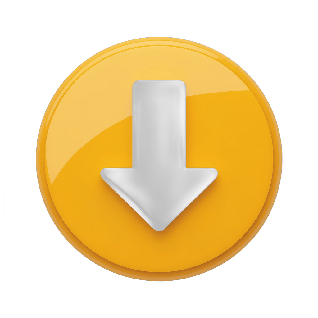 Bright yellow download arrow icon with metallic silver point for app buttons and user interface design PNG - transparent background