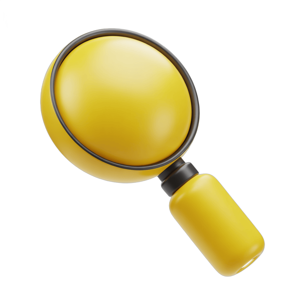 Bright yellow magnifying glass icon for search, investigation, and detail inspection in presentations and graphics PNG - transparent background