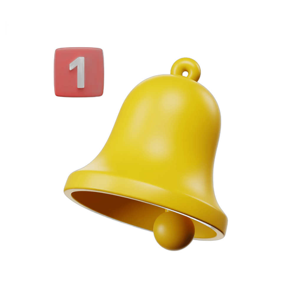 Bright yellow notification bell icon for alerts, reminders, and event announcements with transparent background PNG - transparent background