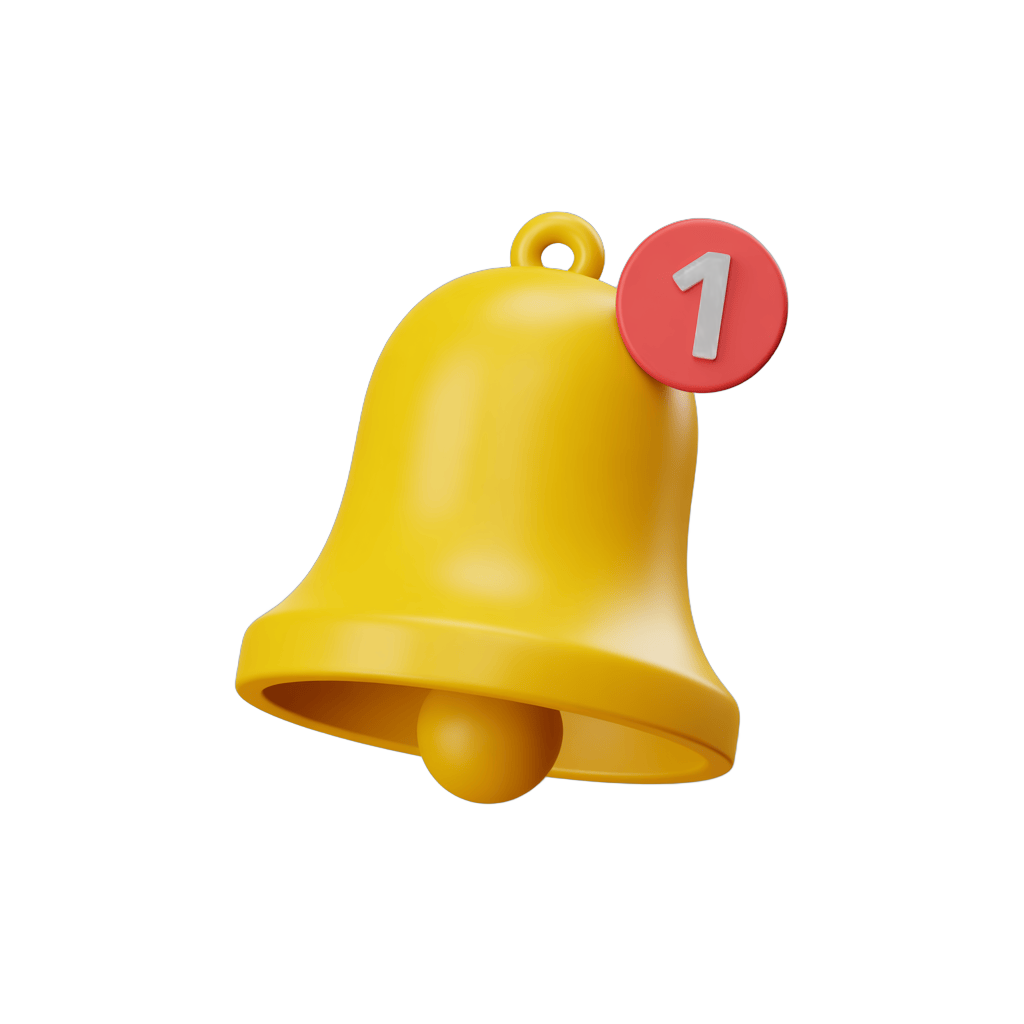 Bright yellow notification bell icon with number one badge for alerts and priority updates PNG - transparent background