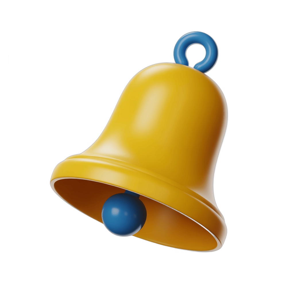 Bright yellow notification bell with blue clapper for alerts and alerts icons in digital designs PNG - transparent background