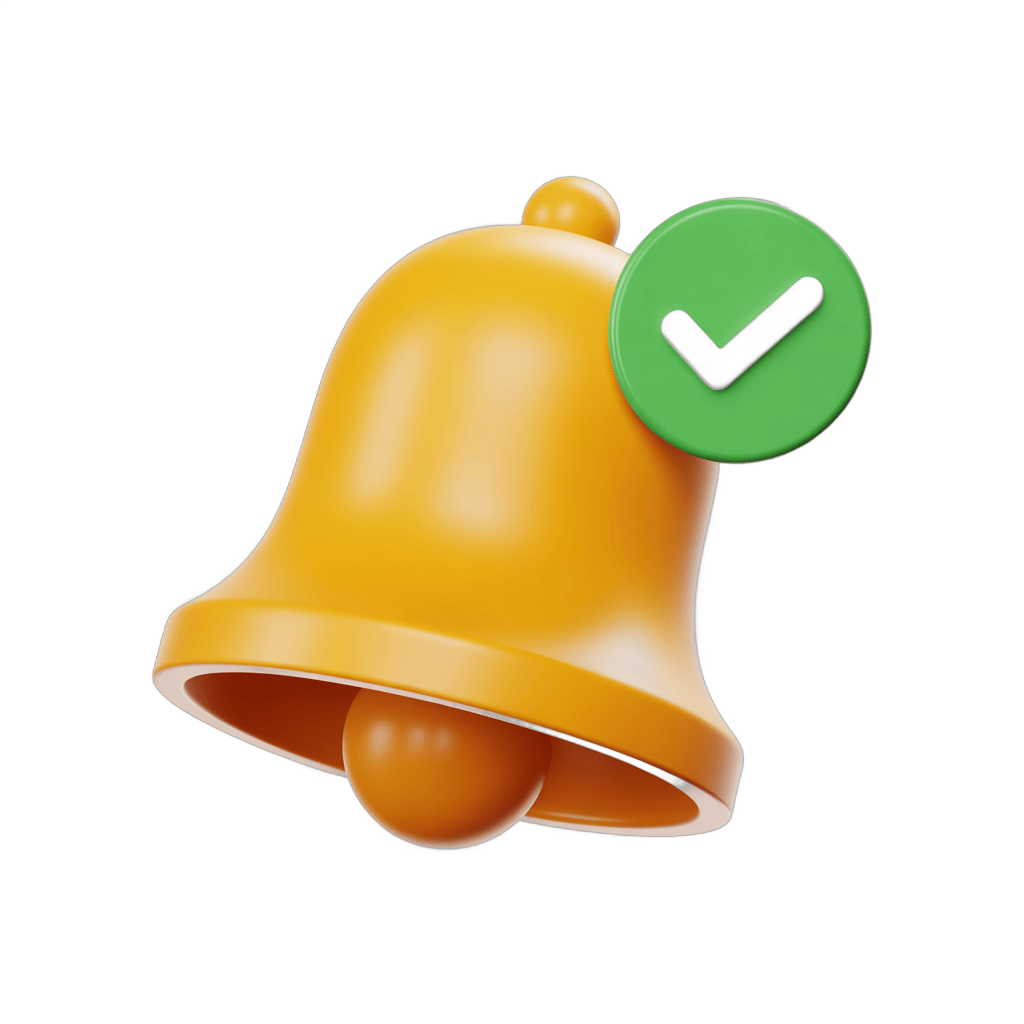 Bright yellow notification bell with checkmark icon for success approval alerts and confirmations PNG - transparent background