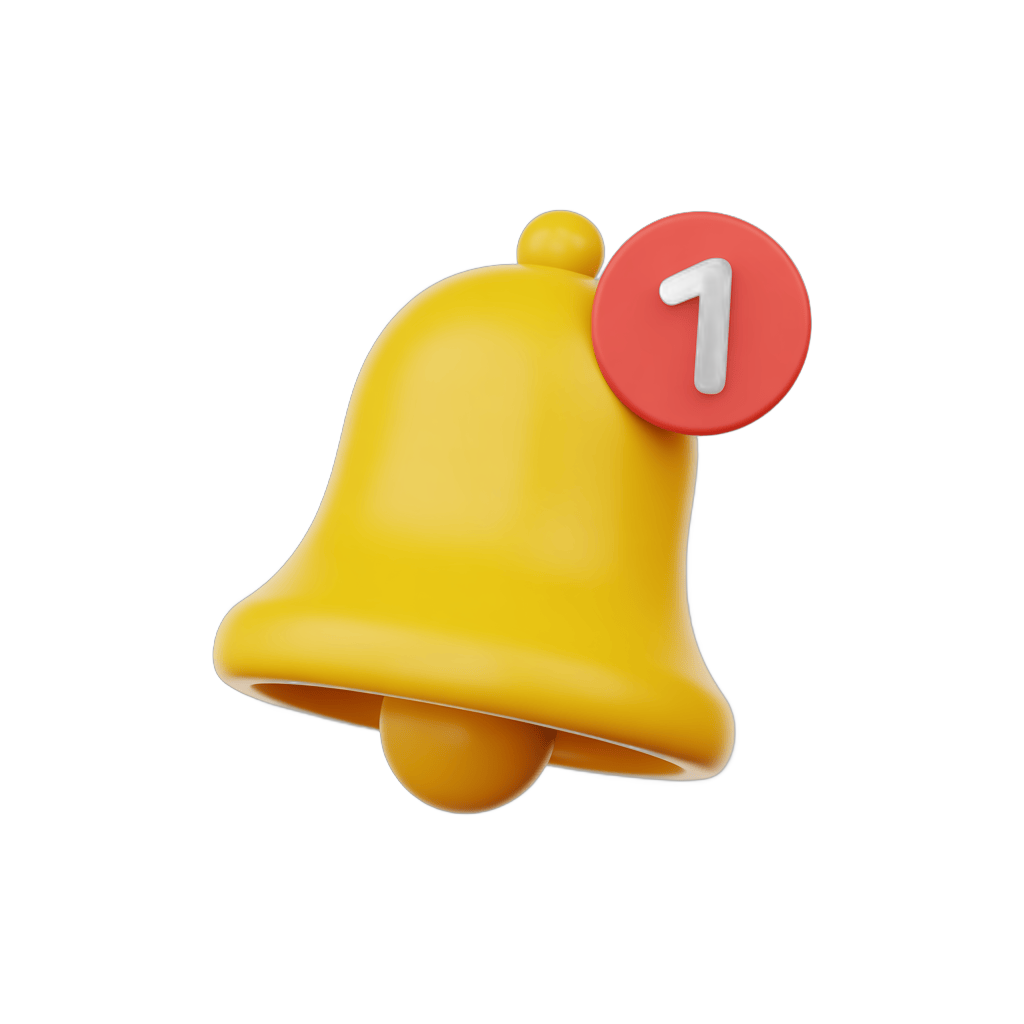 Bright yellow notification bell with number one badge for alerts and priority messages PNG - transparent background