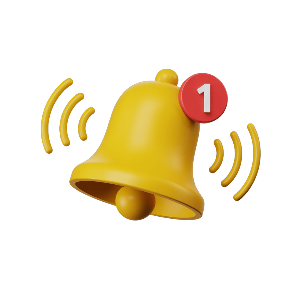 Bright yellow notification bell with sound waves and new message alert icon for app design PNG - transparent background