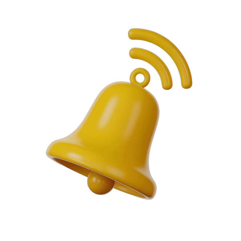 Bright yellow notification bell with wireless signal waves isolated graphic element for alerts and alerts icons PNG - transparent background