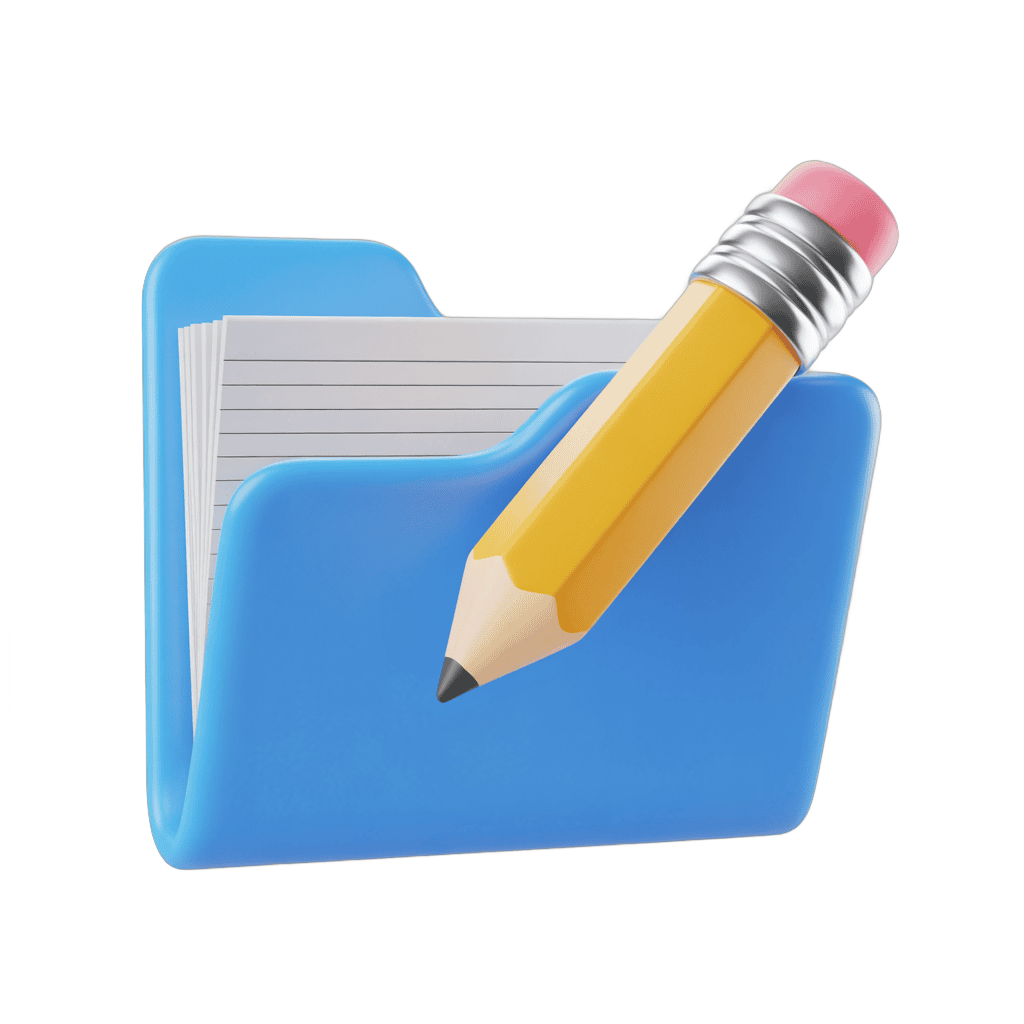 Bright yellow pencil resting on open blue folder with lined paper inside isolated clipart PNG - transparent background
