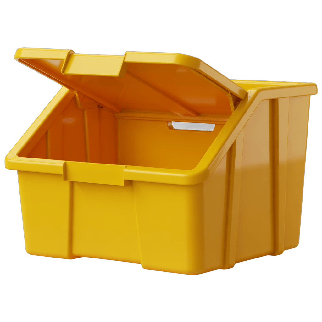 Bright yellow plastic storage bin with lid for office organization and warehouse use PNG - transparent background