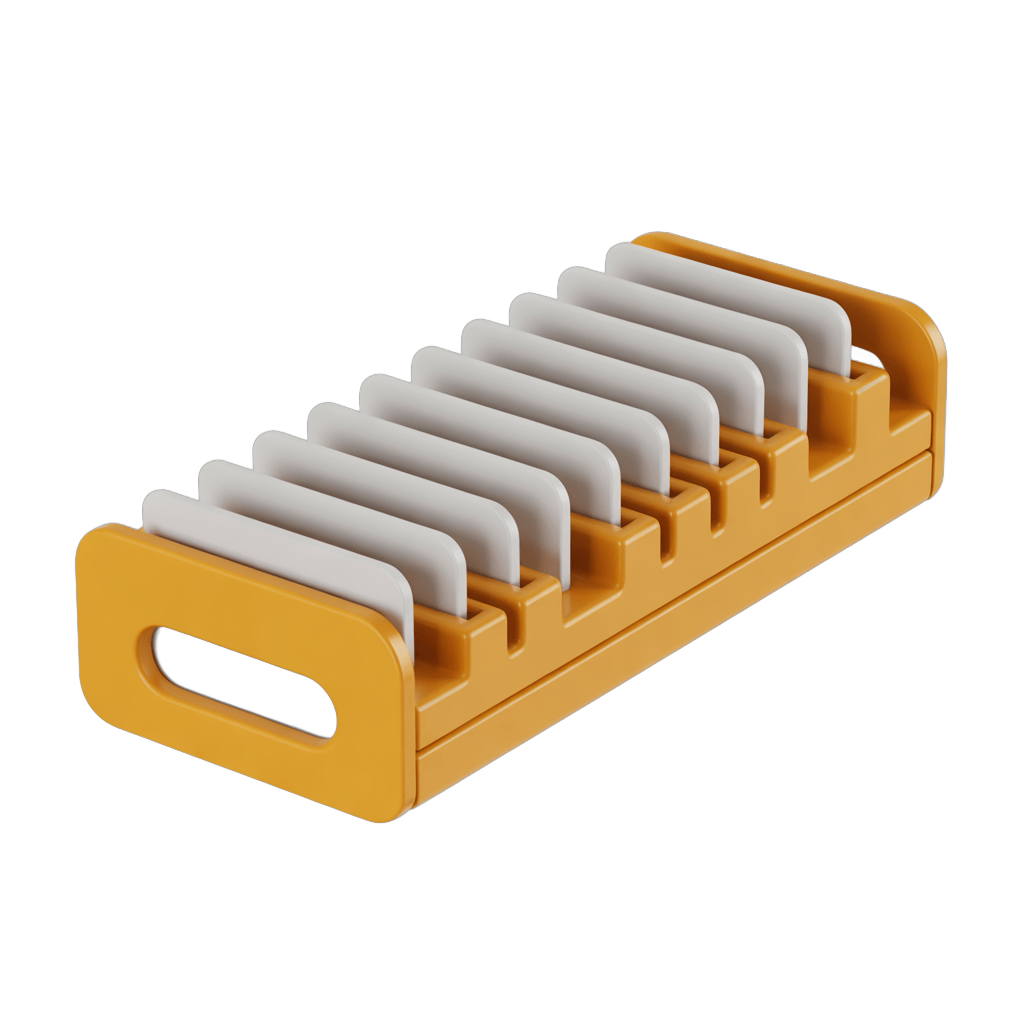 Bright yellow plastic toothbrush holder with ten upright slots for bathroom organization PNG - transparent background