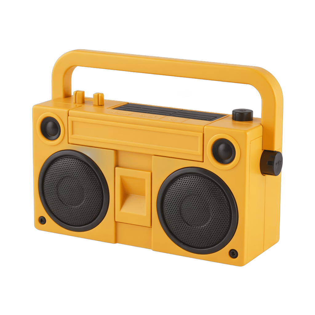 Bright yellow portable boombox clipart for retro music illustrations and designs PNG - transparent background