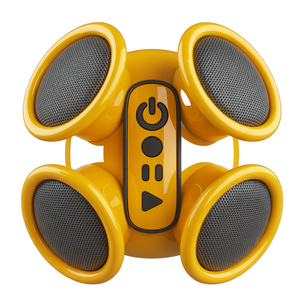 Bright yellow portable speaker with four speakers for outdoor music events and parties PNG - transparent background