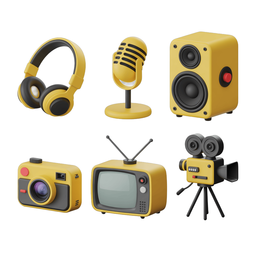 Bright yellow retro media equipment set for creative presentations and podcasting PNG - transparent background
