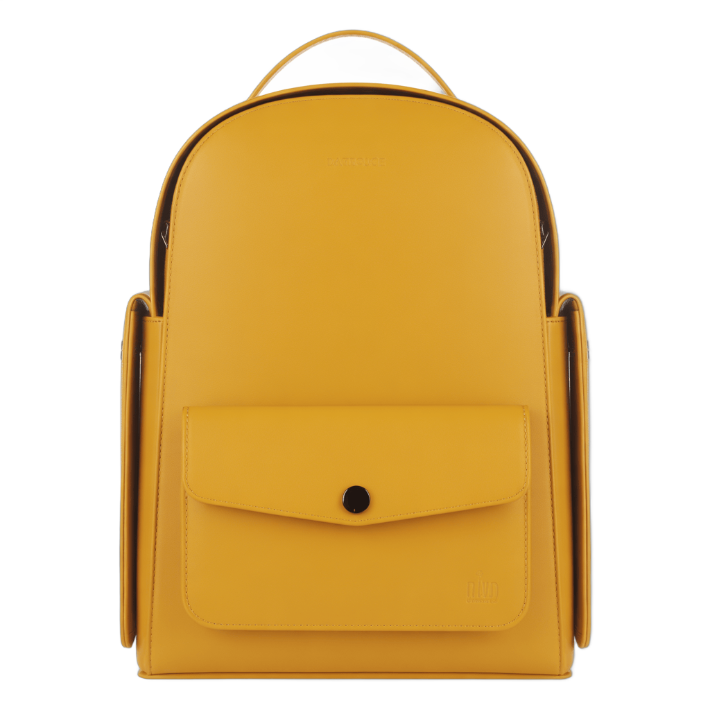 Bright yellow school backpack with flap closure and side straps for students and daily use PNG - transparent background