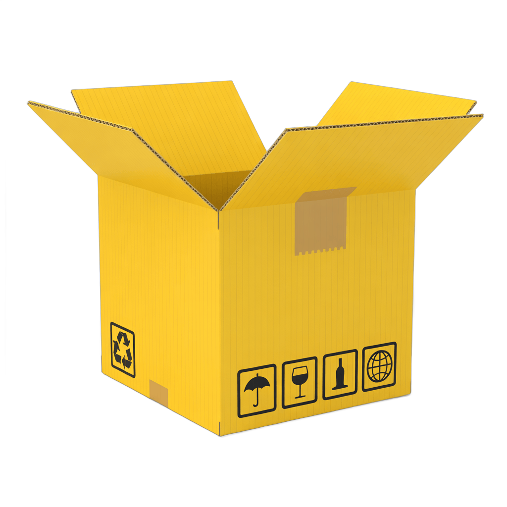 Bright yellow shipping box with recyclable and fragile warning icons for packaging design PNG - transparent background
