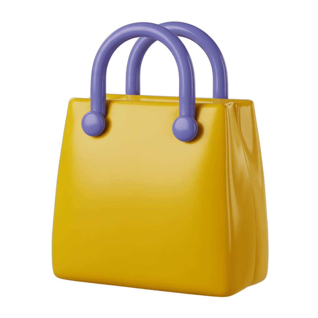 Bright yellow shopping tote bag with purple handles isolated clipart for ecommerce website design PNG - transparent background
