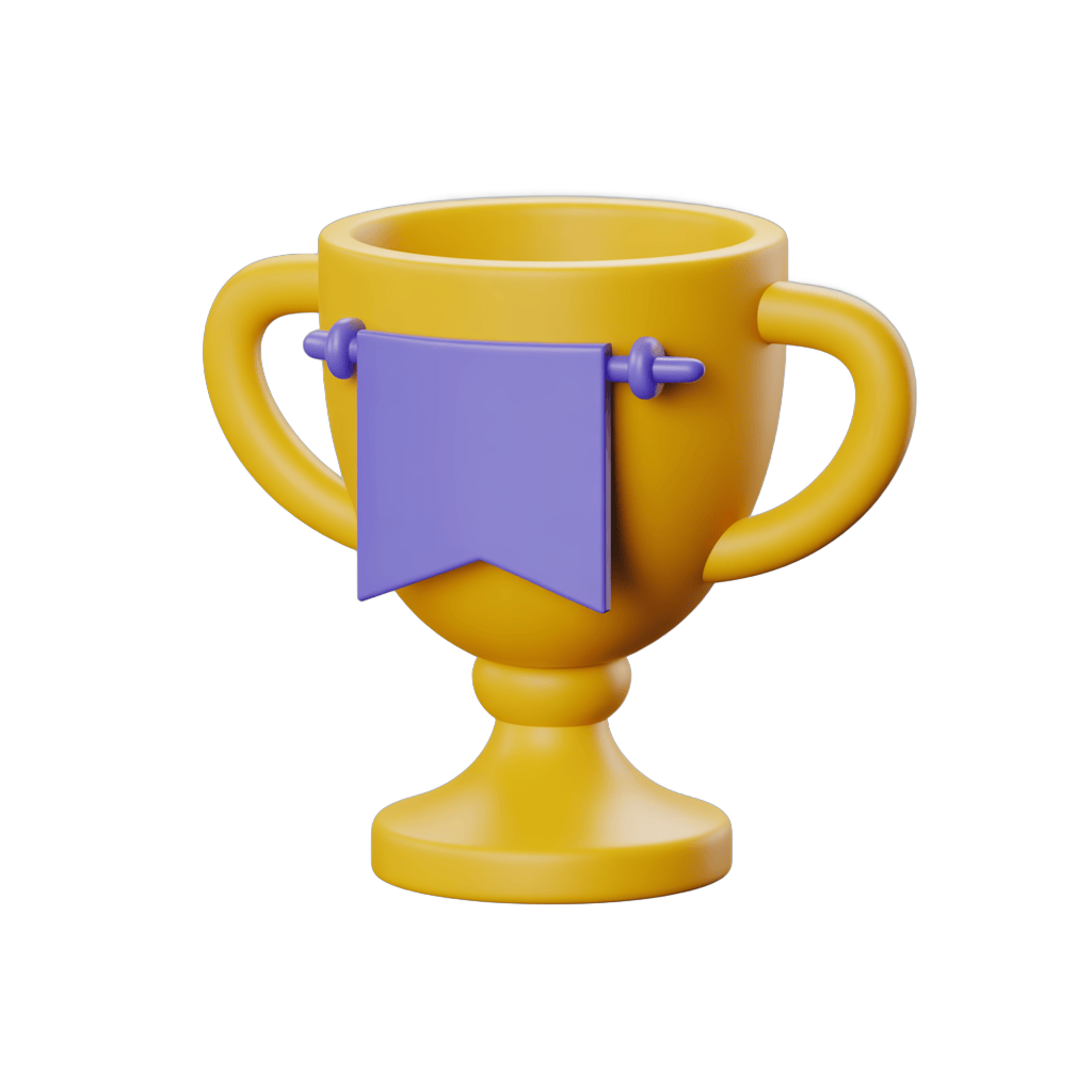 Bright yellow trophy cup with purple ribbon for achievement awards and celebrations PNG - transparent background