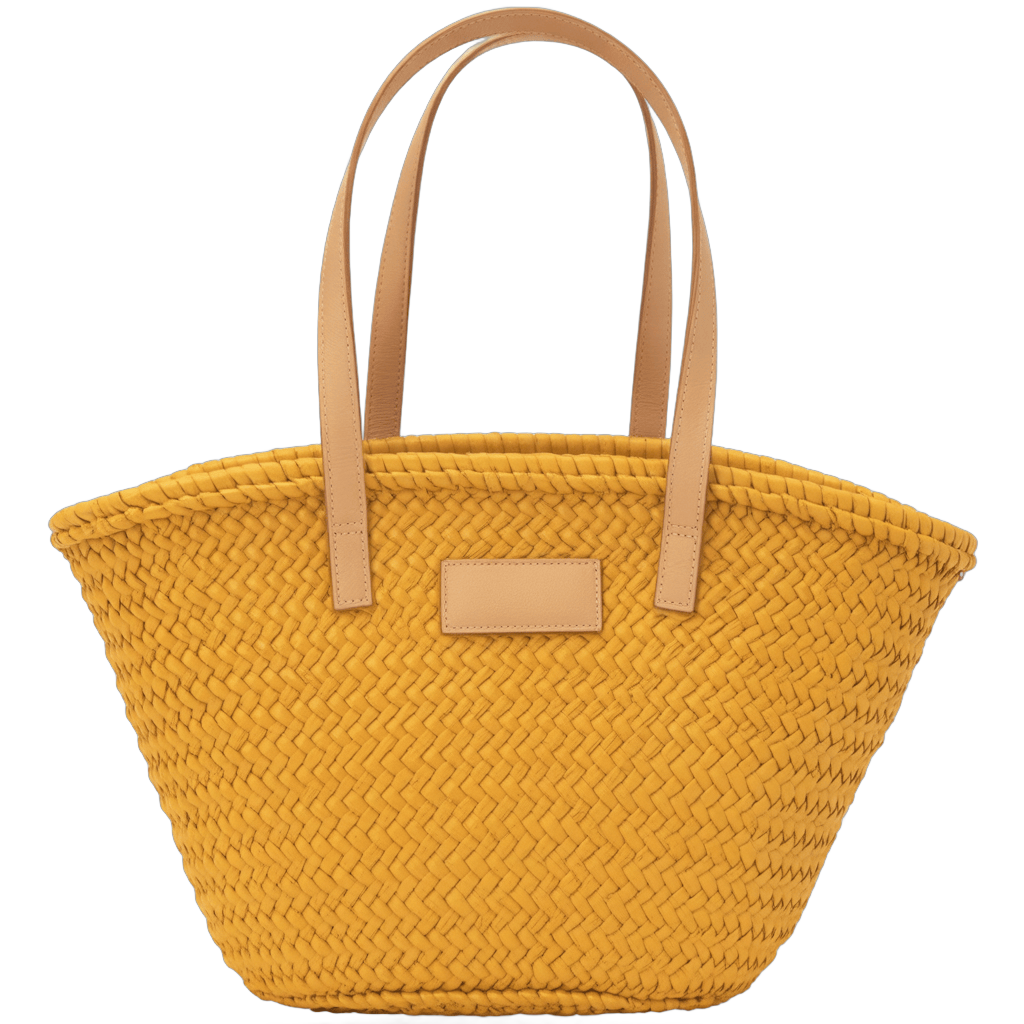 Bright yellow woven beach tote bag with tan leather handles for summer vacation shopping and travel PNG - transparent background