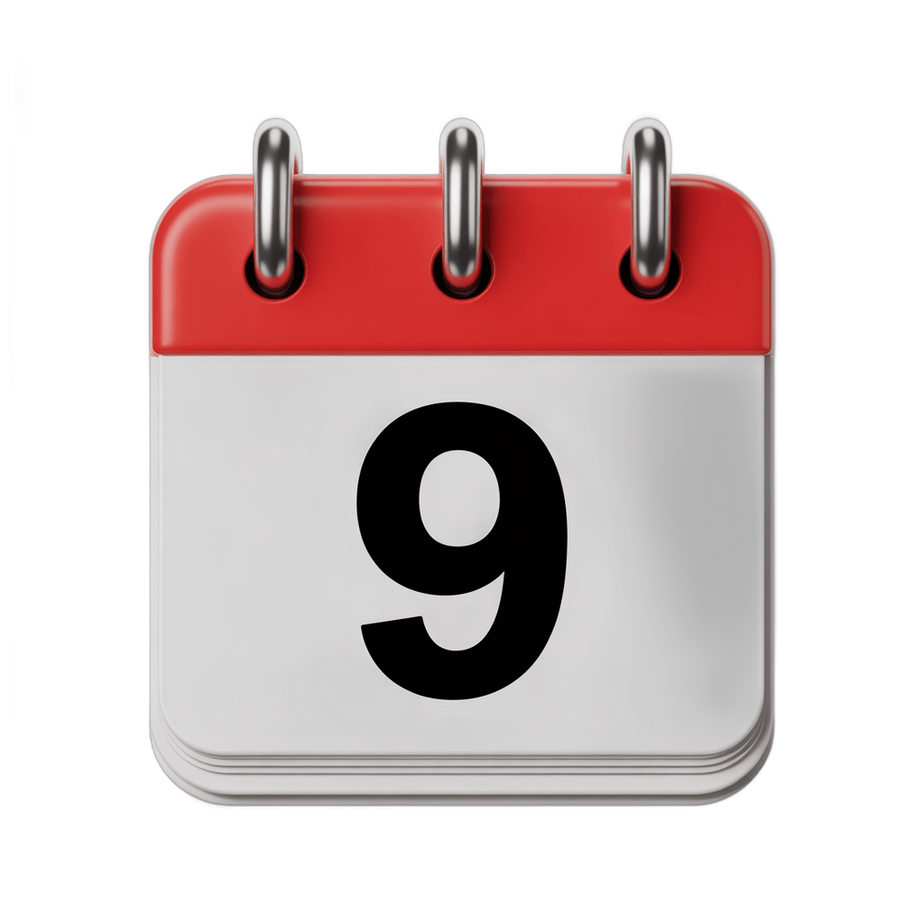 Calendar page showing number nine for scheduling planning and event organization designs PNG - transparent background