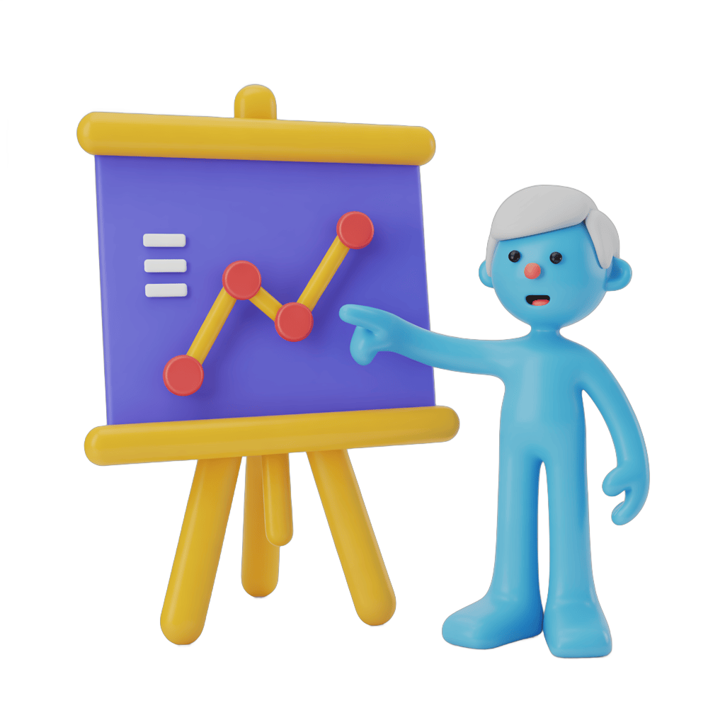 Cartoon businessman presenting upward growth chart on easel for business success and analytics PNG - transparent background