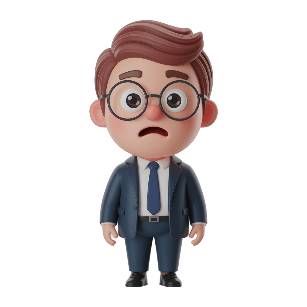 Cartoon businessman with glasses looking surprised or confused for presentations and business graphics PNG - transparent background
