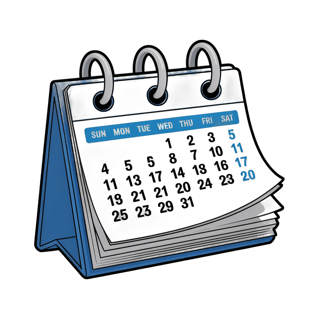 Cartoon calendar clipart showing first 20 days of a month with date grid for planning and design PNG - transparent background