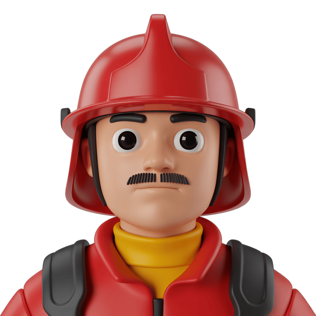 Cartoon firefighter character in red helmet and uniform for illustrations and presentations PNG - transparent background