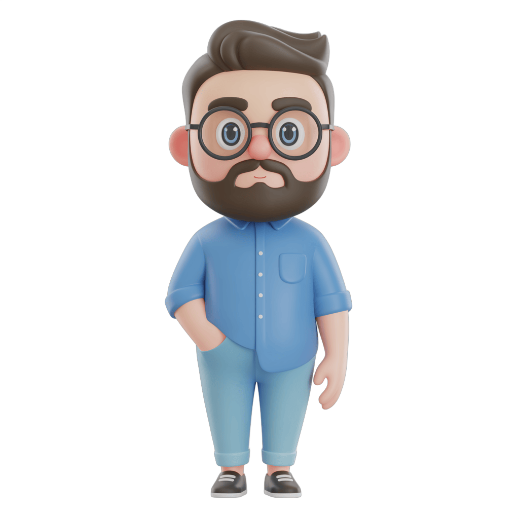 Cartoon man with glasses and beard in blue shirt and light blue pants for presentations and graphics PNG - transparent background