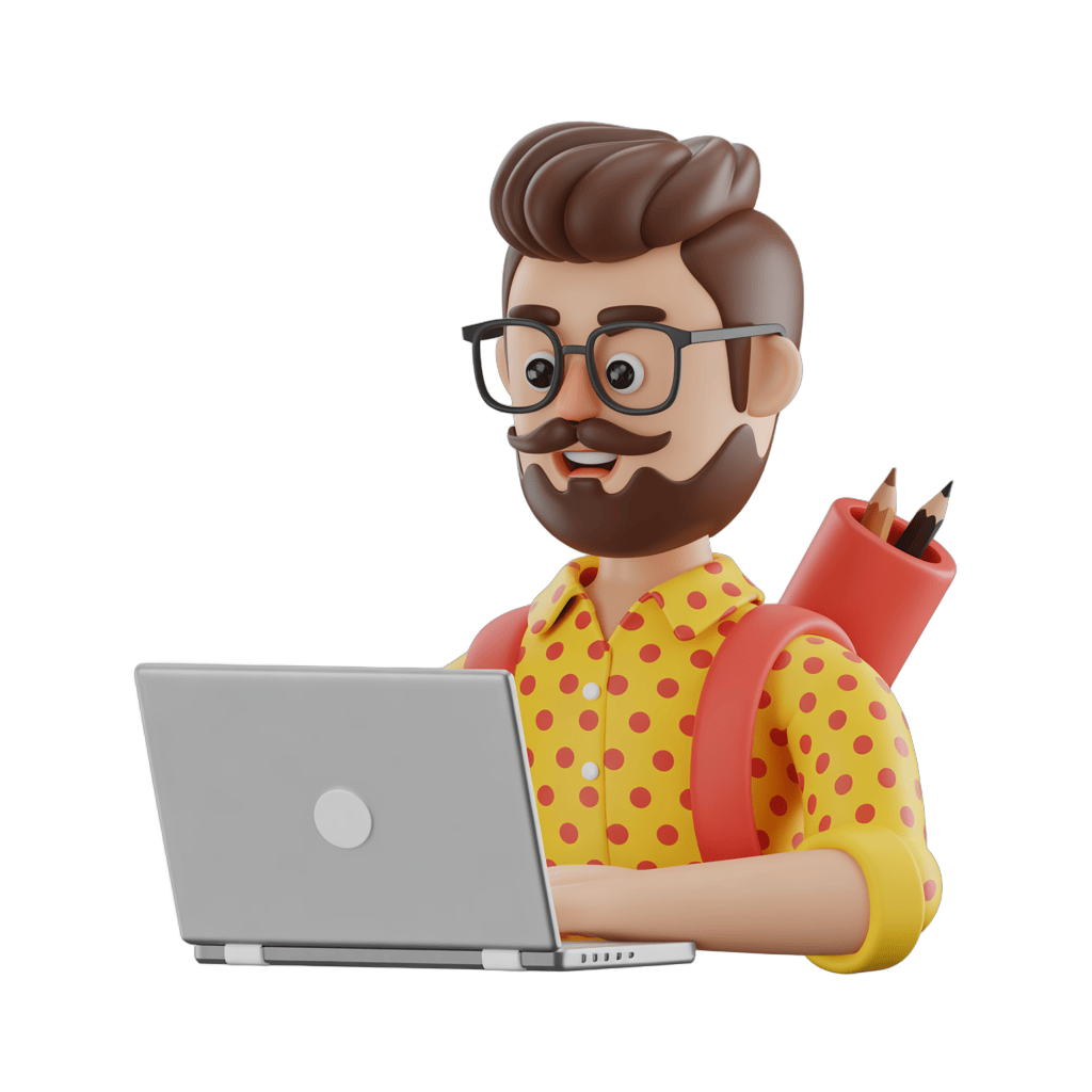 Cartoon man with glasses working on laptop and holding red pencil case for educational and office presentations PNG - transparent background