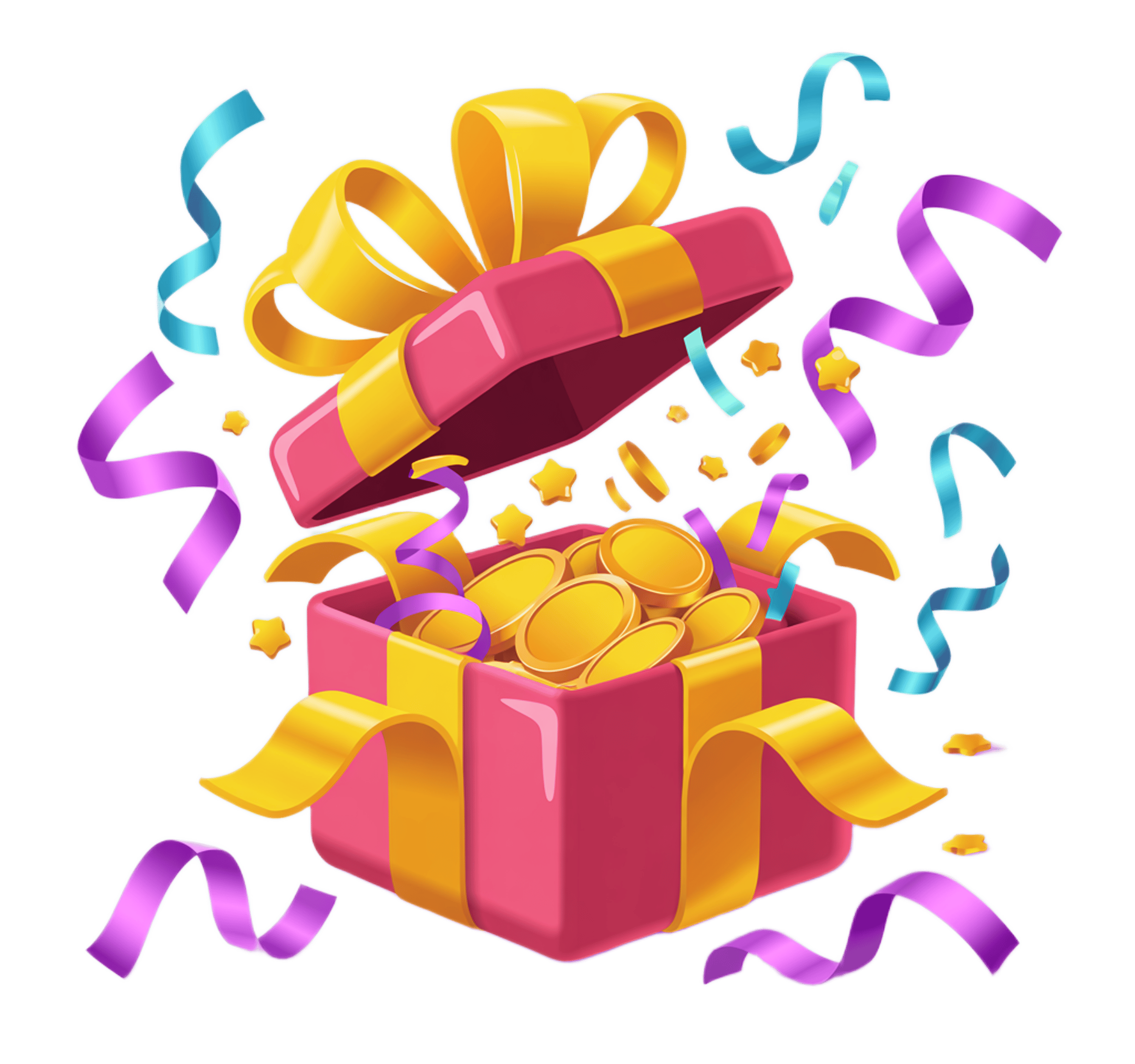 Celebration gift box filled with gold coins popping open with colorful confetti and ribbons PNG - transparent background