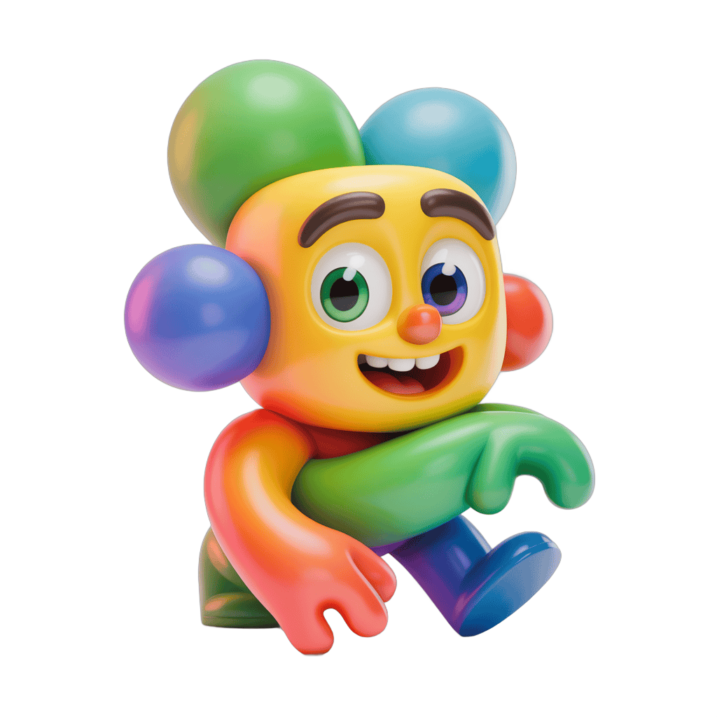Cheerful cartoon character holding colorful balloons for children party decoration PNG - transparent background
