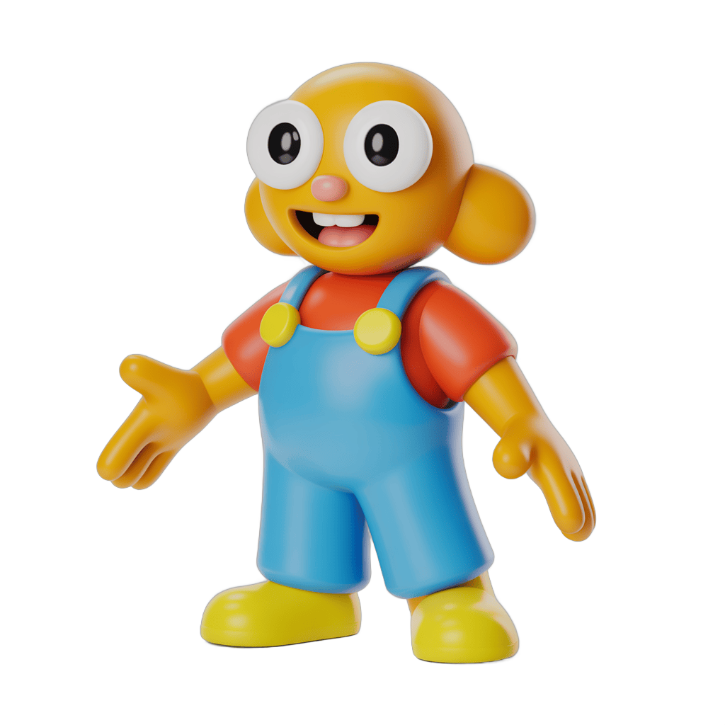 Cheerful cartoon character in overalls waving for children's illustrations and educational materials PNG - transparent background