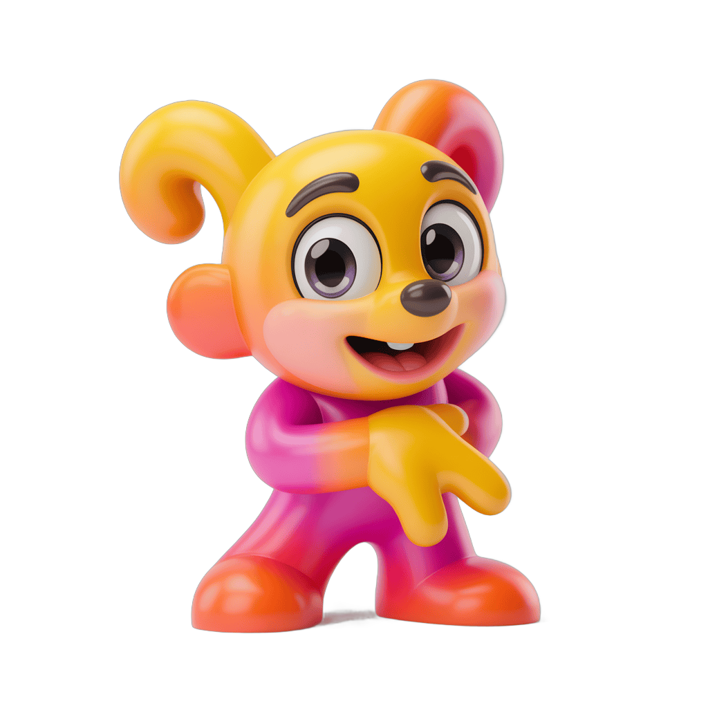 Cheerful cartoon character toy figure with curly ears and pink outfit waving PNG - transparent background