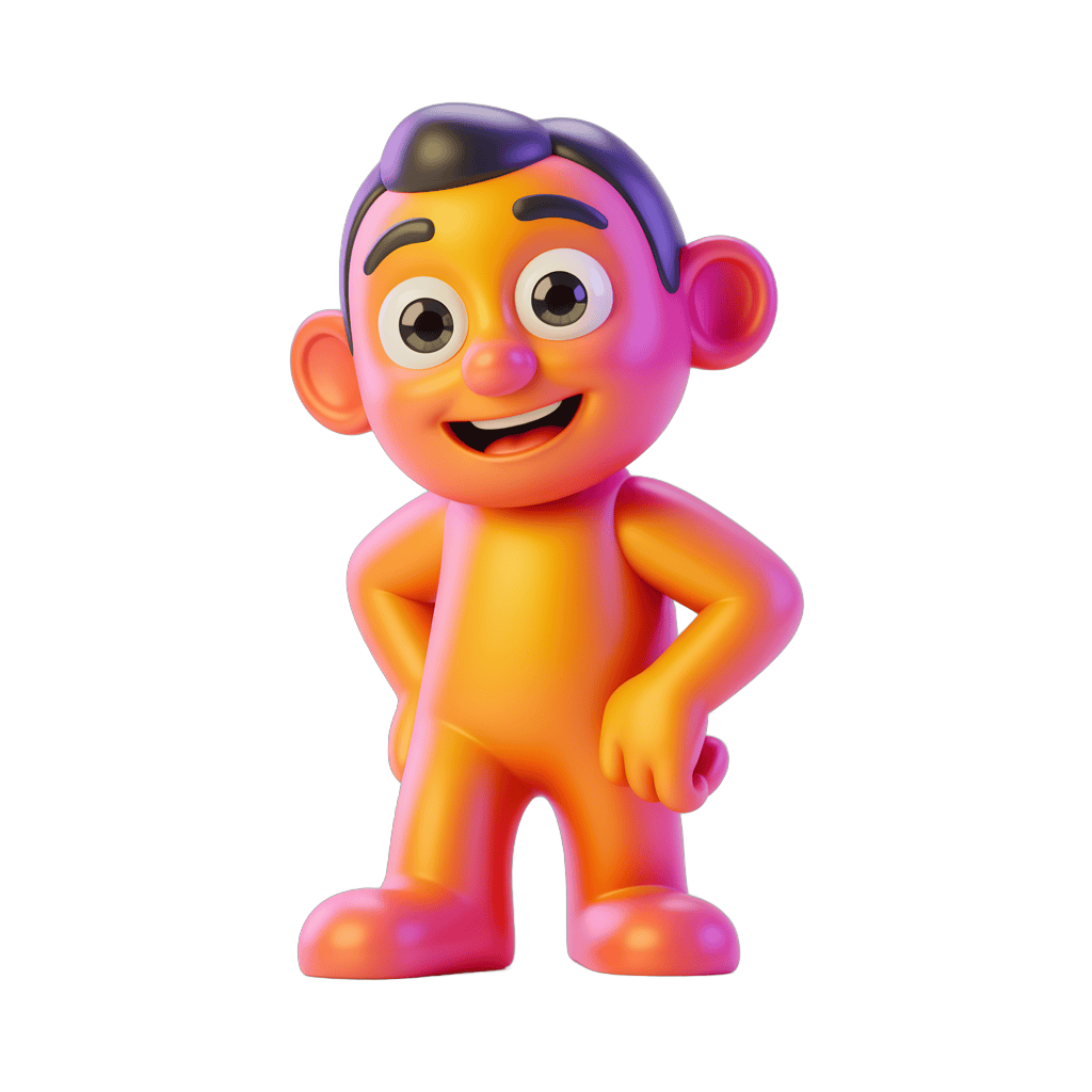 Cheerful cartoon character toy figure with hands on hips isolated transparent background PNG - transparent background