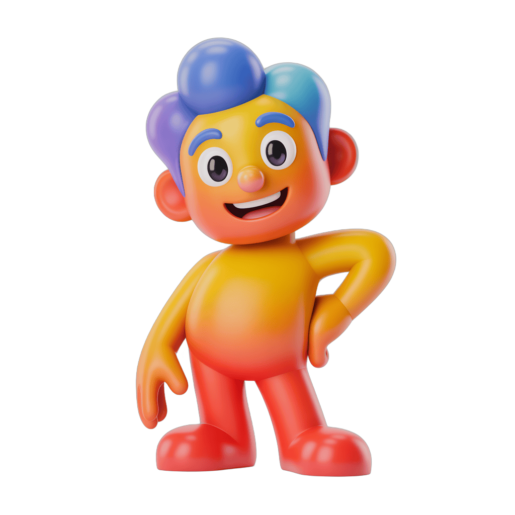 Cheerful cartoon character with colorful hair posing confidently for illustrations and designs PNG - transparent background