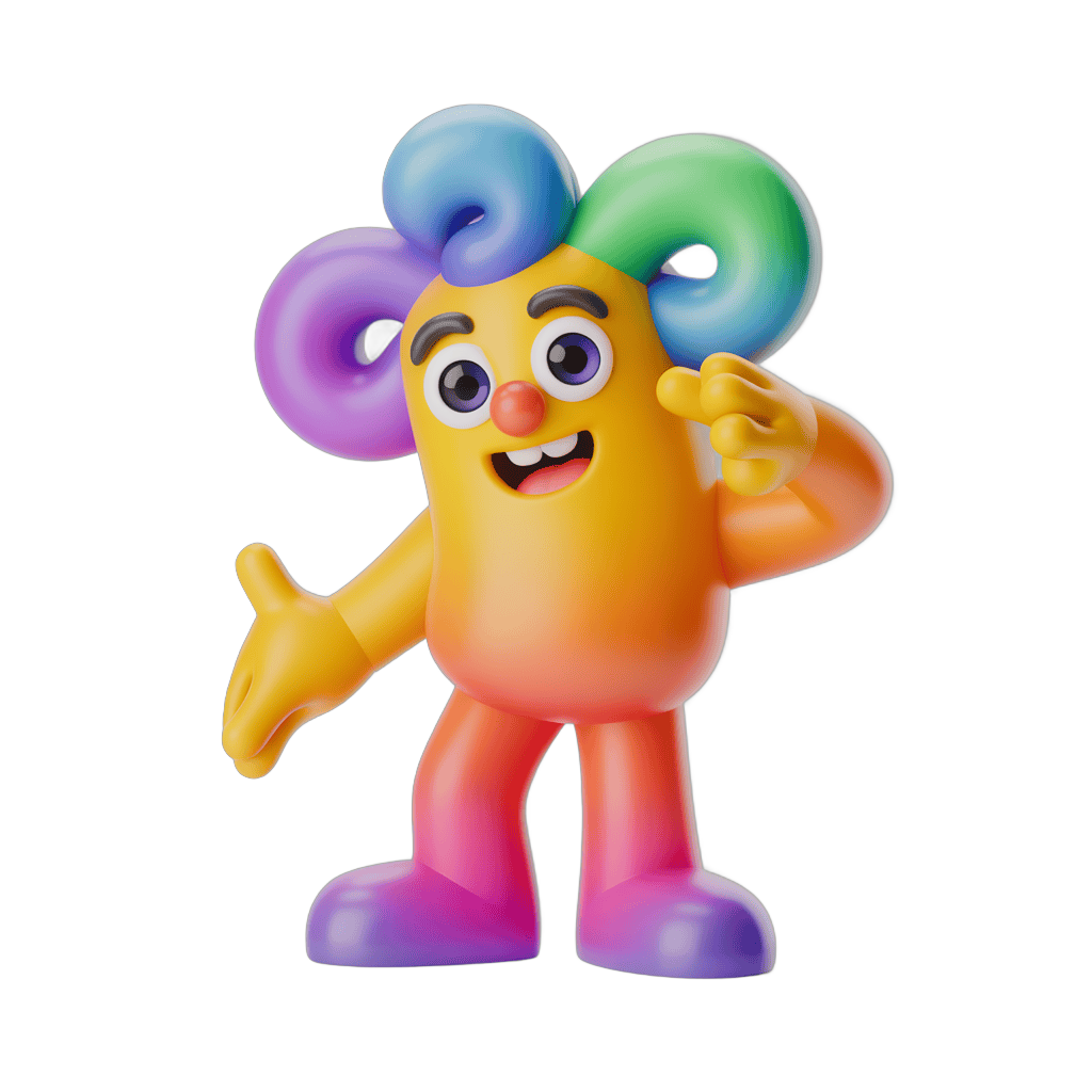 Cheerful cartoon character with colorful hair waving in playful pose for kids content PNG - transparent background