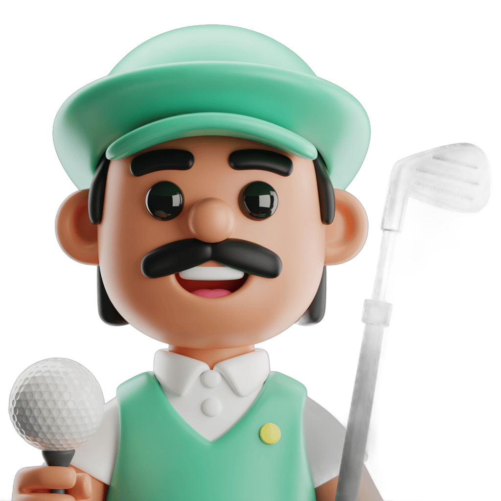 Cheerful cartoon golfer with microphone celebrating victory on green field PNG - transparent background