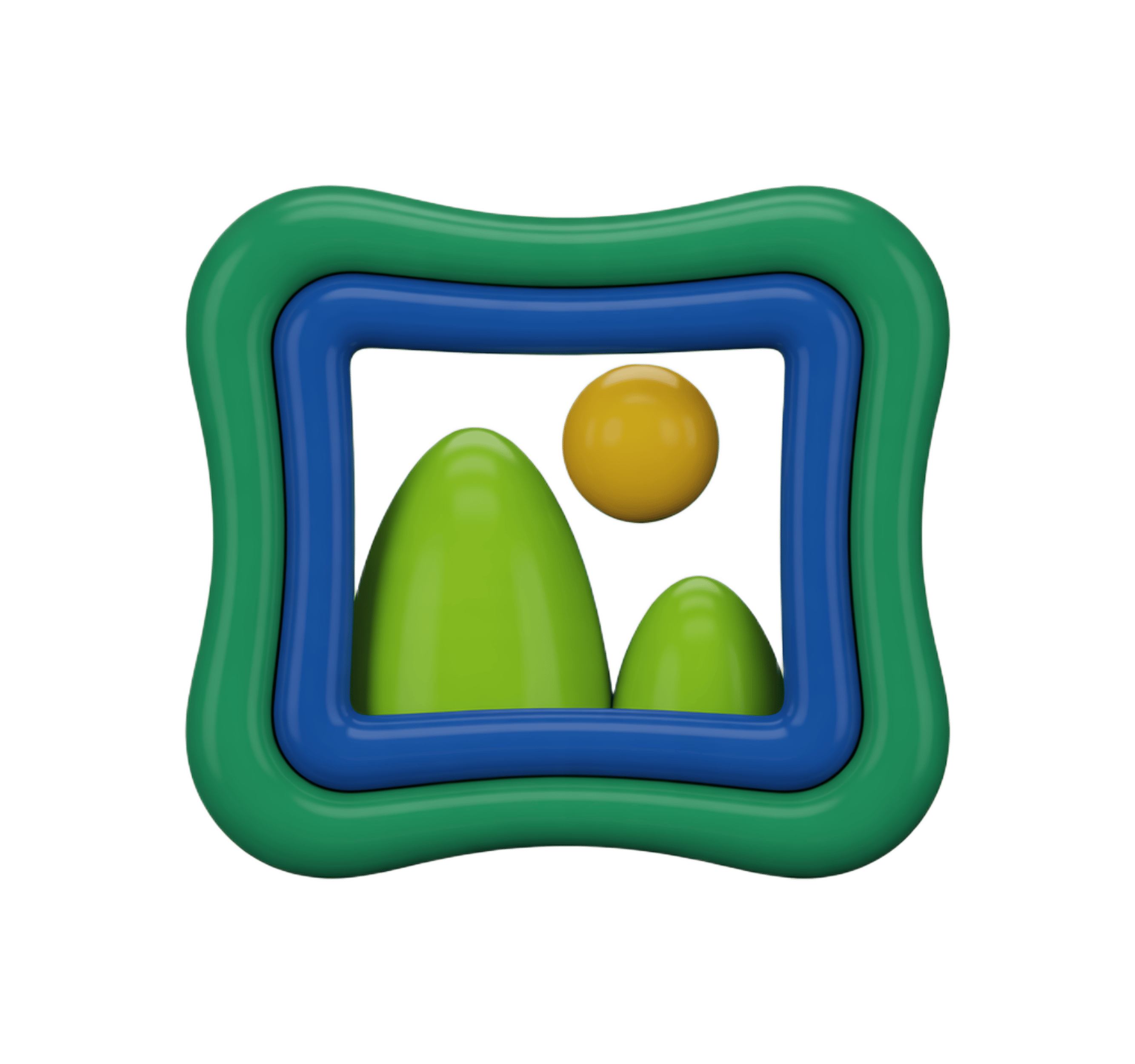 Colorful 3d gallery frame clipart with green frame and yellow sun for website graphics PNG - transparent background