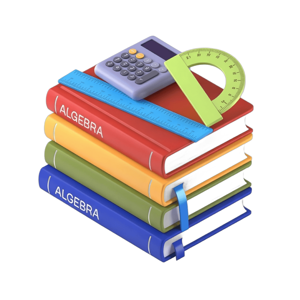 Colorful algebra books stack with calculator and protractor for education materials and school projects PNG - transparent background