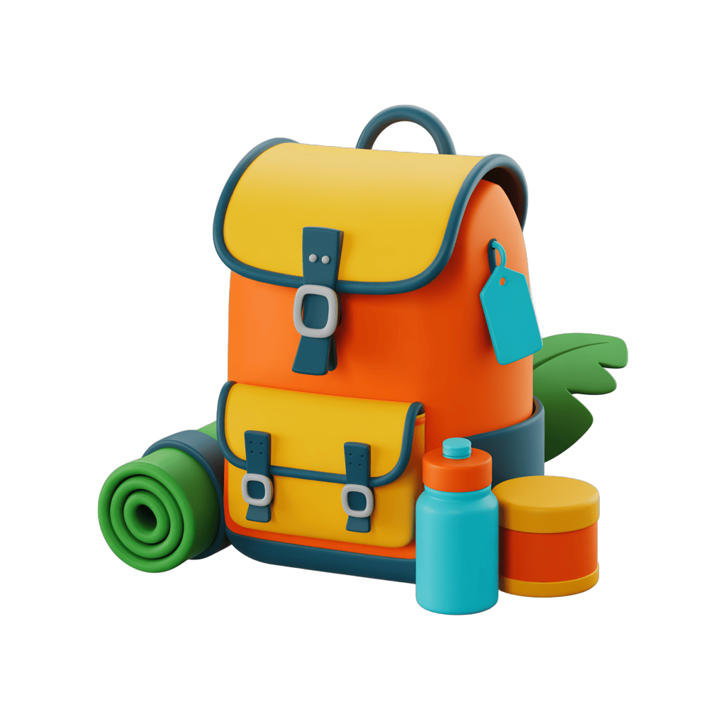 Colorful backpack with yoga mat and accessories for outdoor fitness and travel activities PNG - transparent background