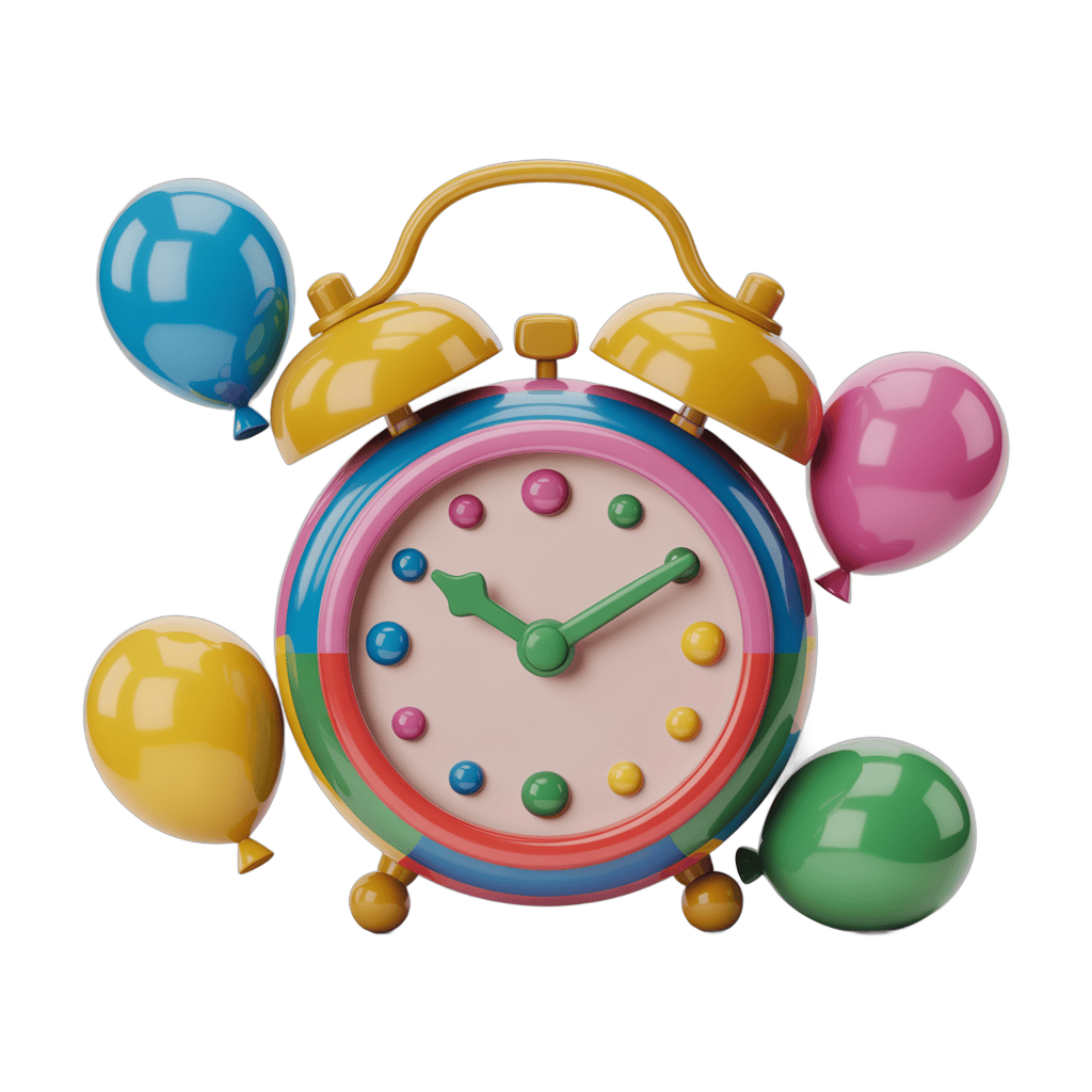 Colorful cartoon alarm clock with floating balloons for birthday party celebration design PNG - transparent background
