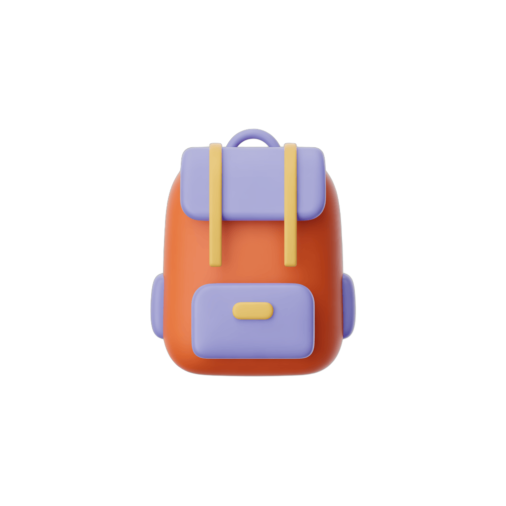 Colorful cartoon backpack with purple accents for kids school supplies and education illustrations PNG - transparent background