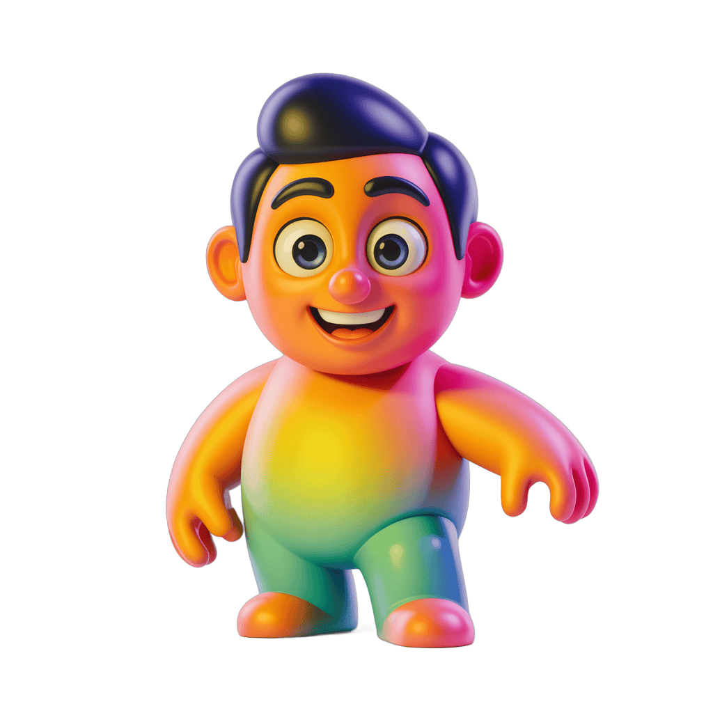 Colorful cartoon character toy figure standing with arms outstretched PNG - transparent background