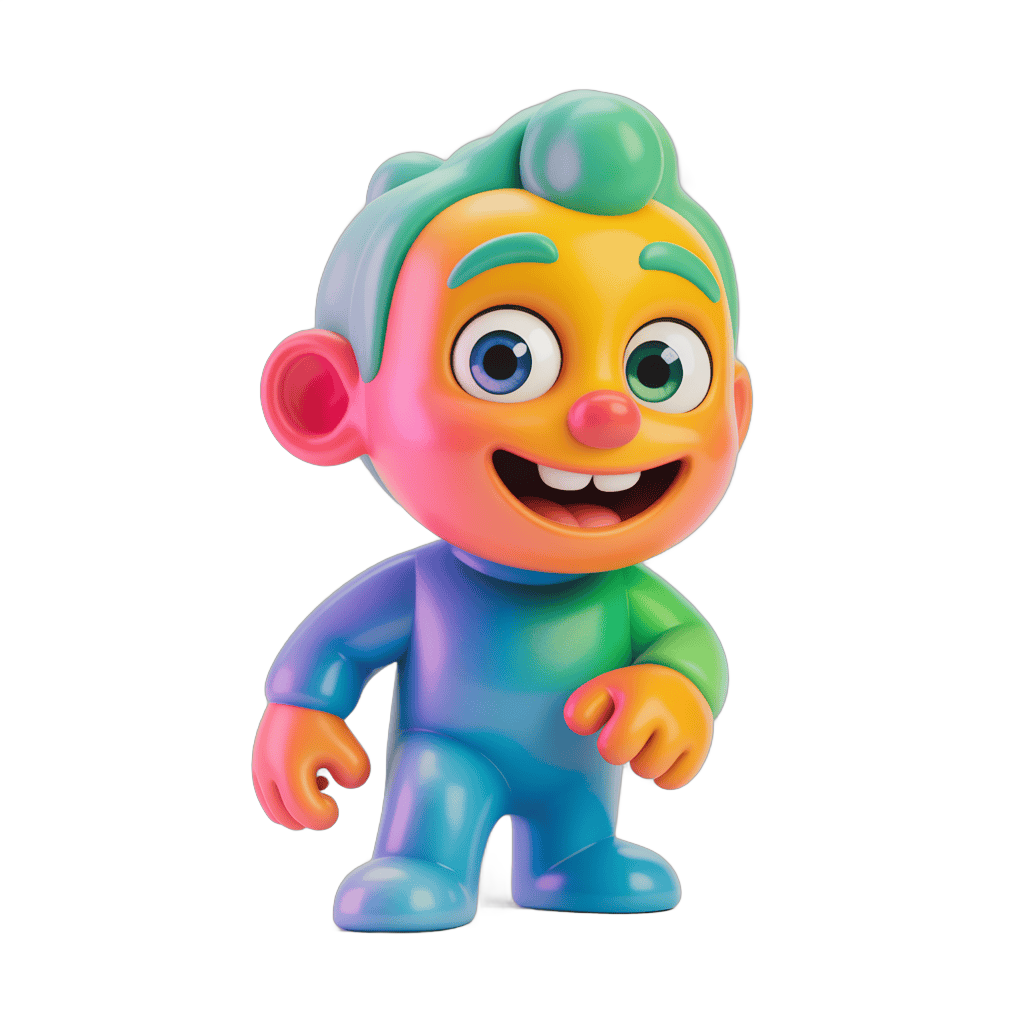 Colorful cartoon character toy figure standing with arms outstretched PNG - transparent background