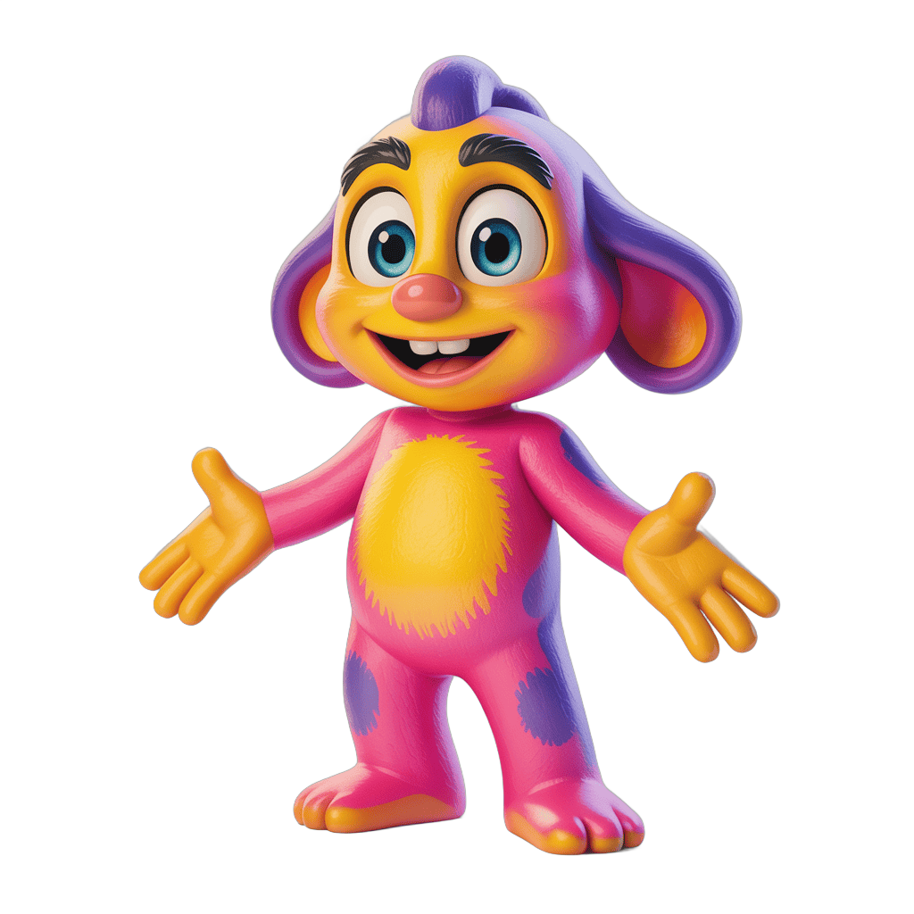 Colorful cartoon character toy with arms outstretched for children's play and animation PNG - transparent background