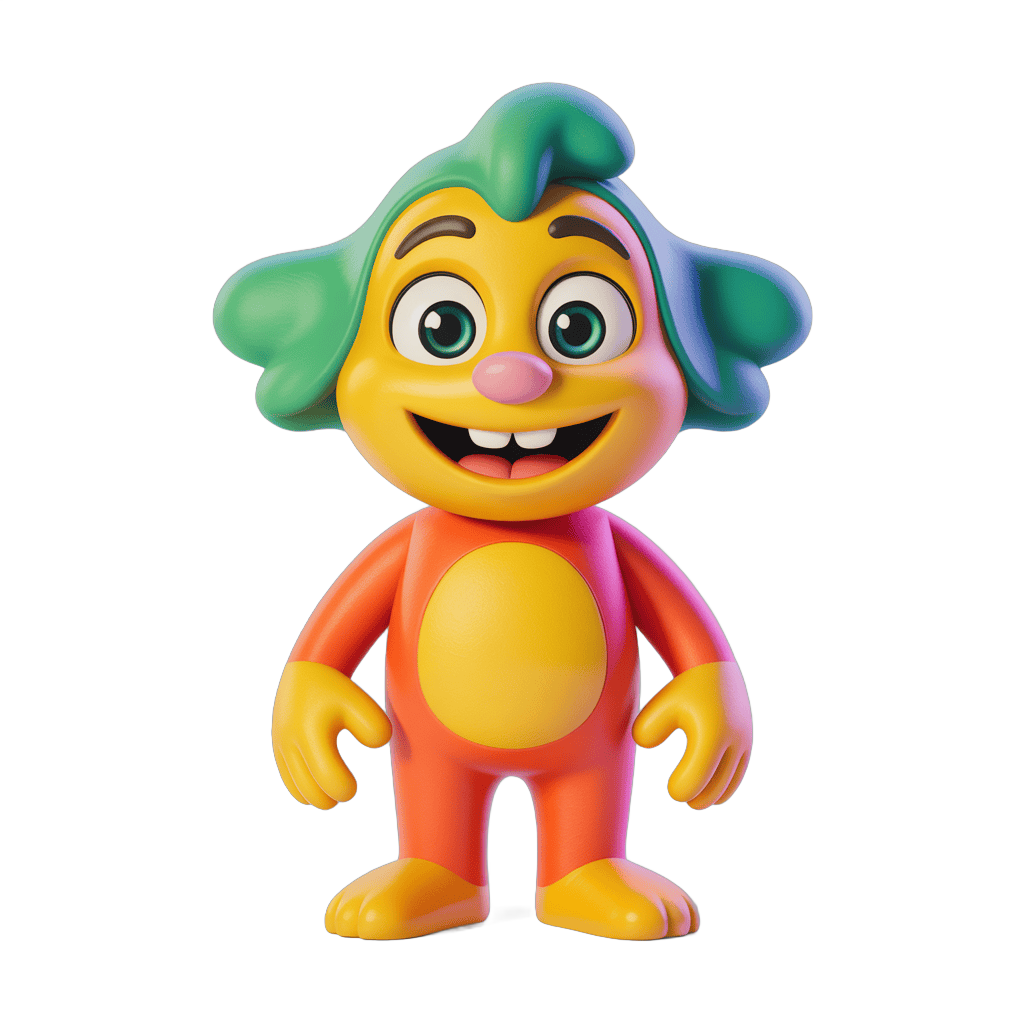 Colorful cartoon character with green hair standing cheerfully for kids content PNG - transparent background