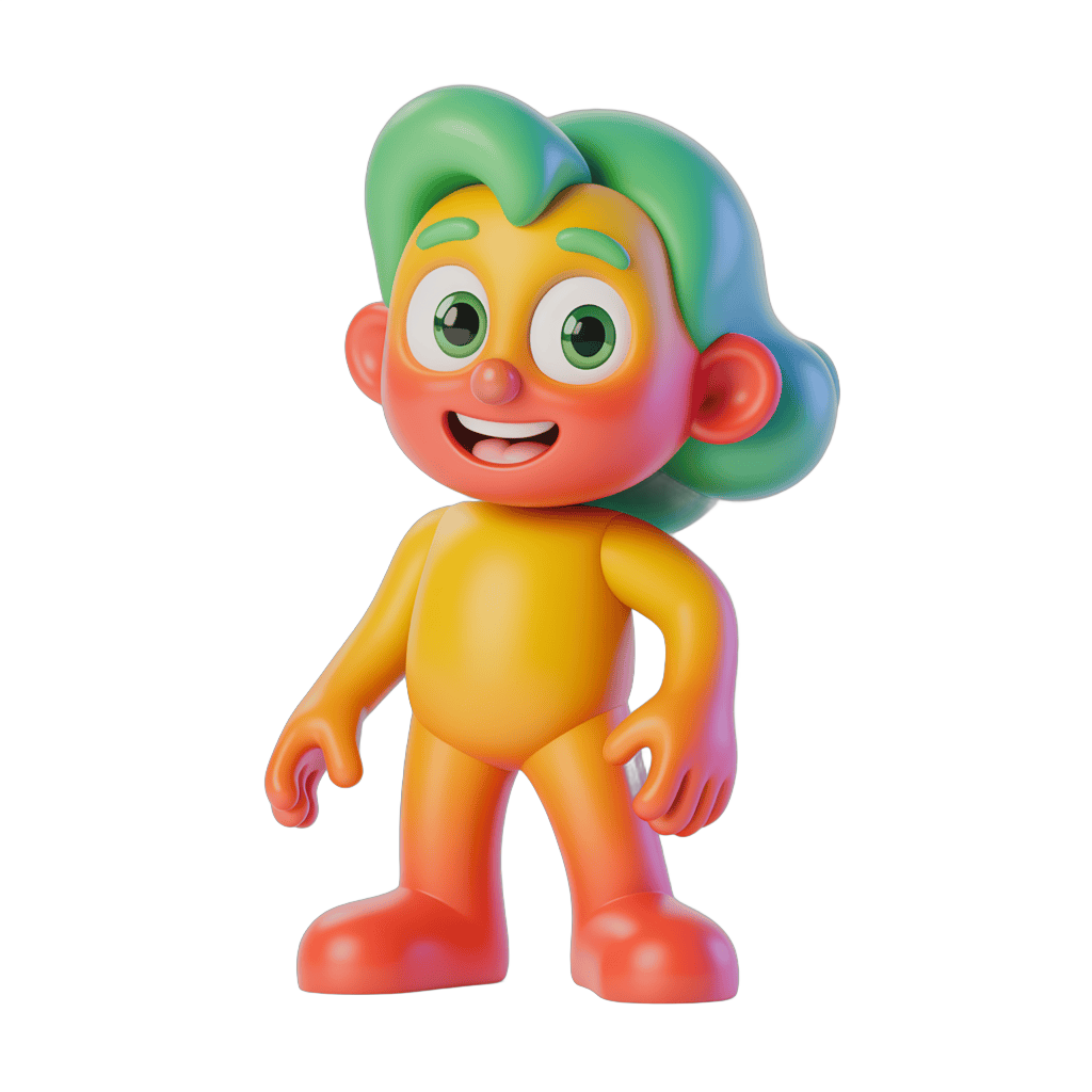 Colorful cartoon character with green hair standing cheerfully for children illustrations PNG - transparent background