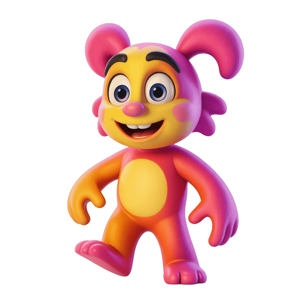 Colorful cartoon character with pink ears and yellow body walking cheerfully for children illustrations PNG - transparent background