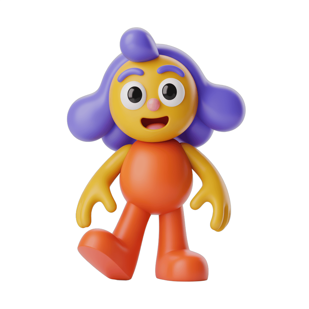 Colorful cartoon character with purple hair and orange body standing cheerfully PNG - transparent background