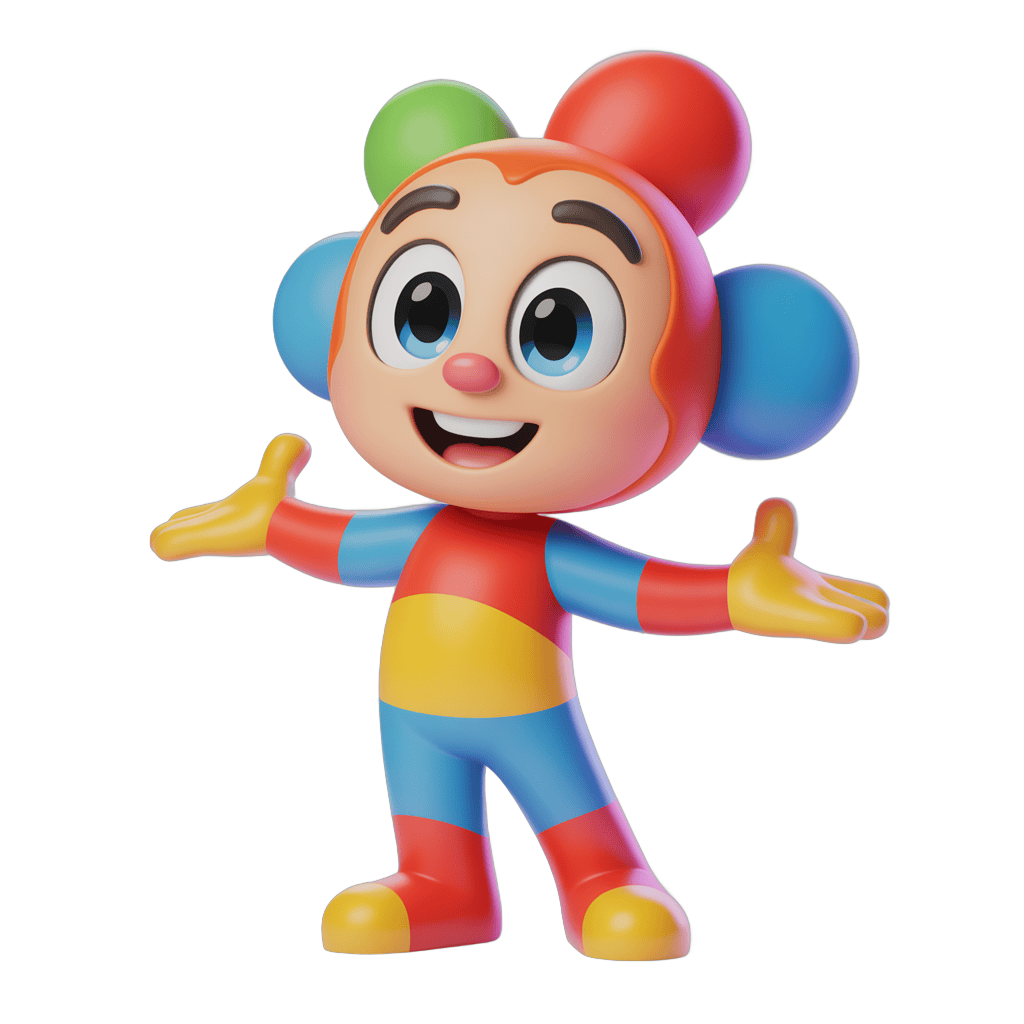 Colorful cartoon clown character waving arms for cheerful children illustration PNG - transparent background