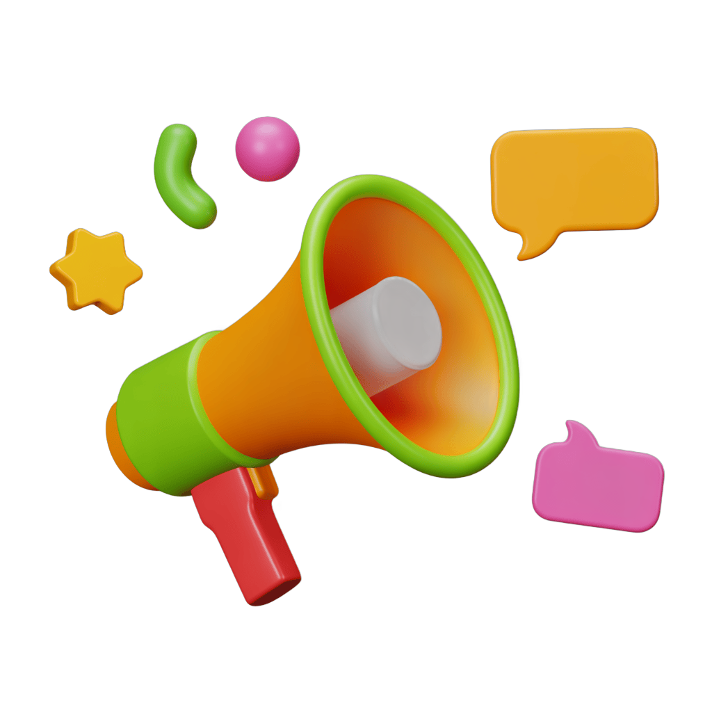 Colorful cartoon megaphone with speech bubbles and emoji icons for social media graphics PNG - transparent background