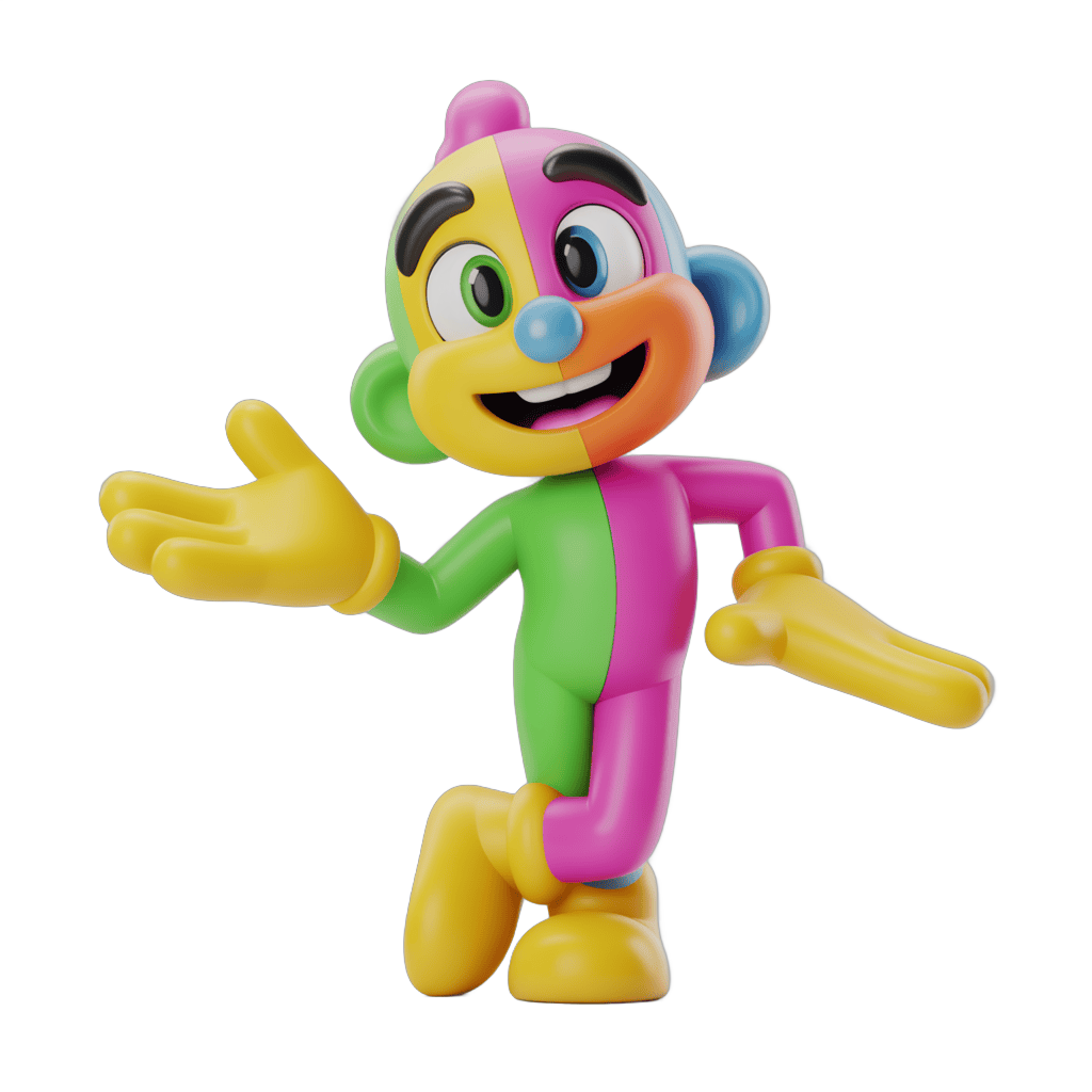Colorful cartoon monkey character waving arms in cheerful pose for kids content PNG - transparent background